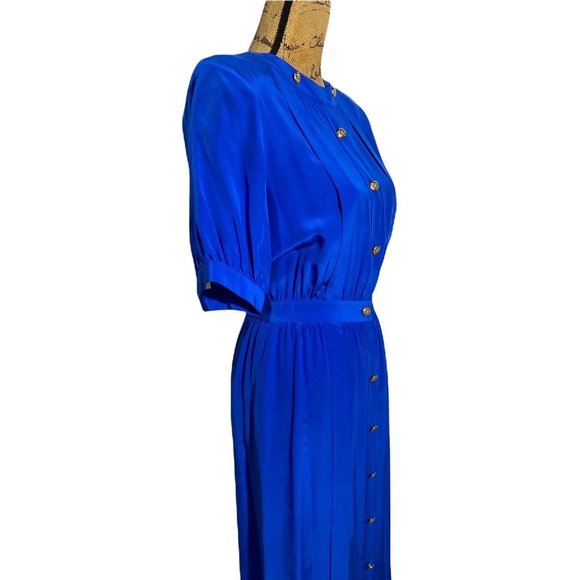 Claudia & Marc 10 Vintage Dress Royal Blue Pleated Shoulder Pad Gold Button - Picture 3 of 7